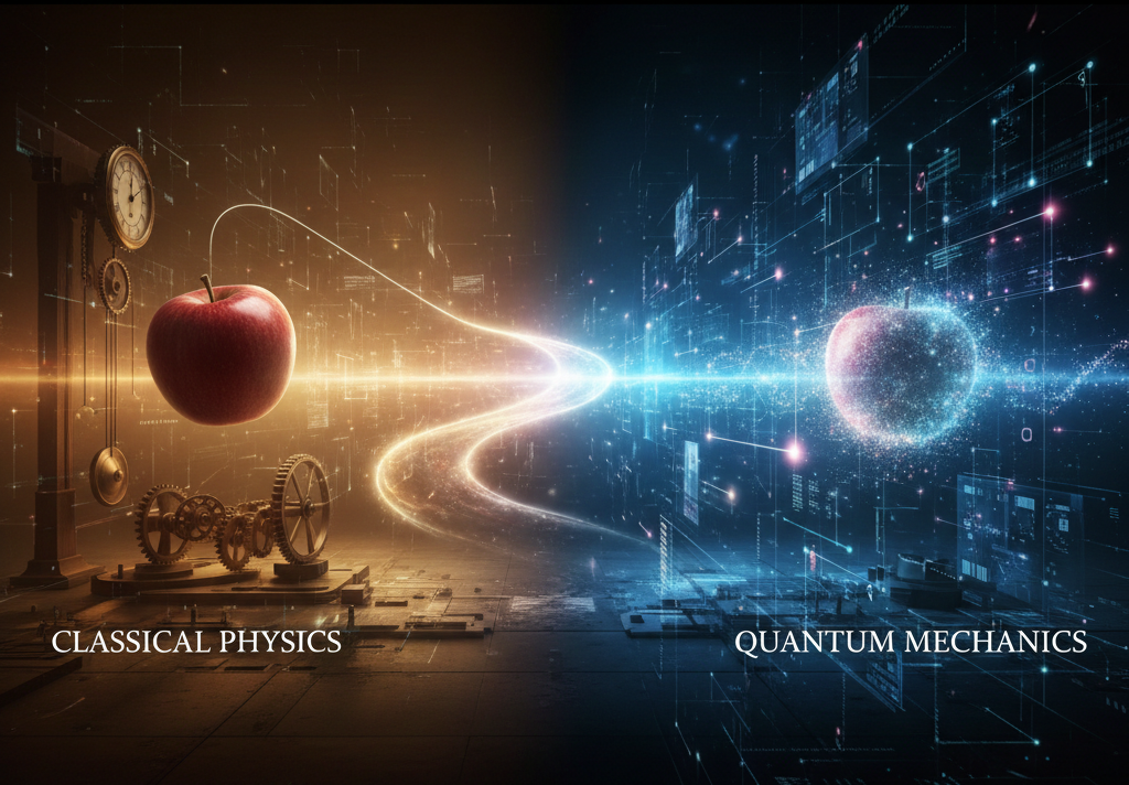 صورة تمثل تطور الفيزياء من مفاهيم نيوتن الكلاسيكية إلى عالم ميكانيكا الكم الحديث، مع انتقال بصري من تفاحة تسقط إلى تمثيل موجات وجسيمات كمومية.