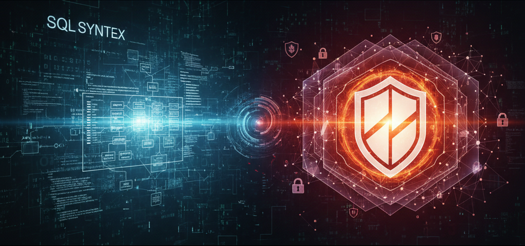 صورة تمثيلية توضح حماية قواعد البيانات والأمن السيبراني، بما في ذلك رمزيات SQL ودرع أمان لحماية البيانات.