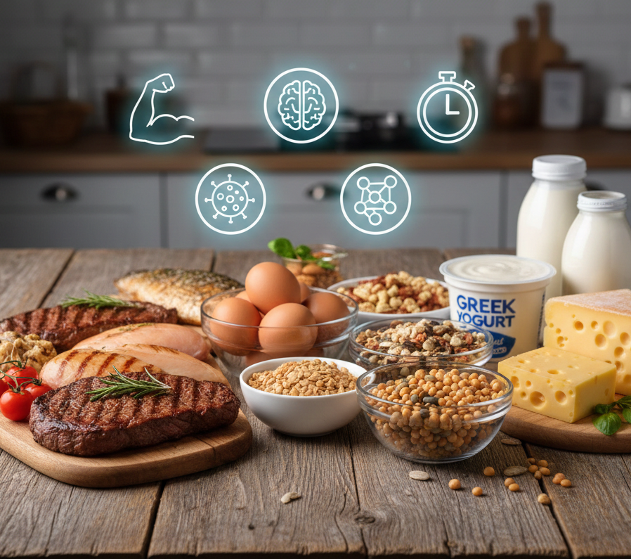 صورة توضح أهمية البروتين في النظام الغذائي مع عرض مصادر البروتين الصحية مثل اللحوم والبيض والبقوليات لدعم صحة الجسم.