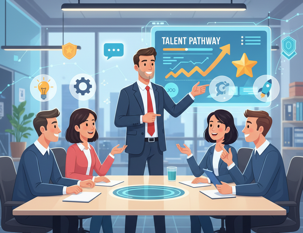 صورة توضيحية لمشهد مدير يتفاعل مع فريقه ويحفز المواهب، تمثل دور المدير المباشر في تطوير الموظفين وتحقيق النجاح المهني.