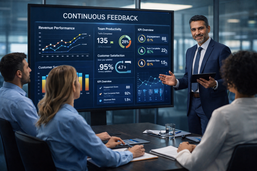 صورة لاجتماع عمل يعرض مؤشرات أداء فورية تمثل بدائل التقييم السنوي وإدارة الأداء الحديثة.