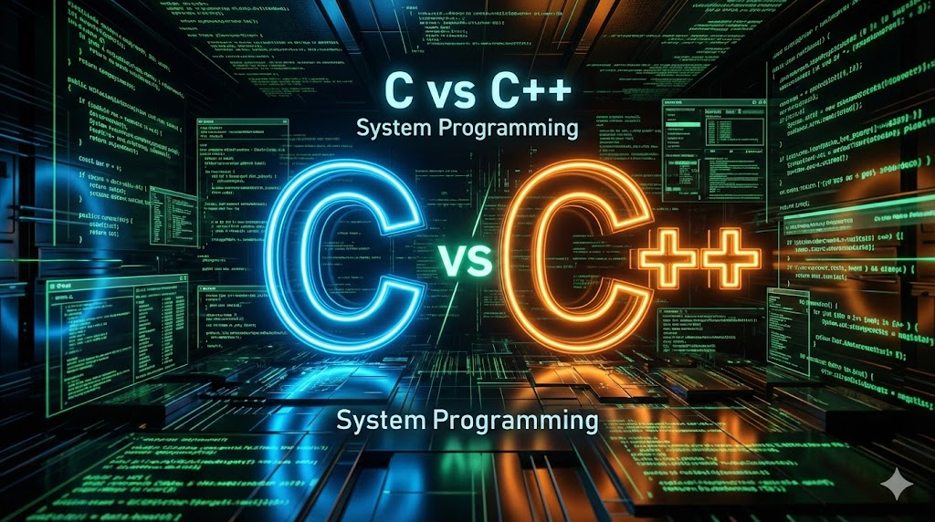 صورة توضيحية تمثل لغات C و C++ بخلفية أكواد برمجية وإضاءة رقمية حديثة تعبر عن تأثيرهما في عالم البرمجة
