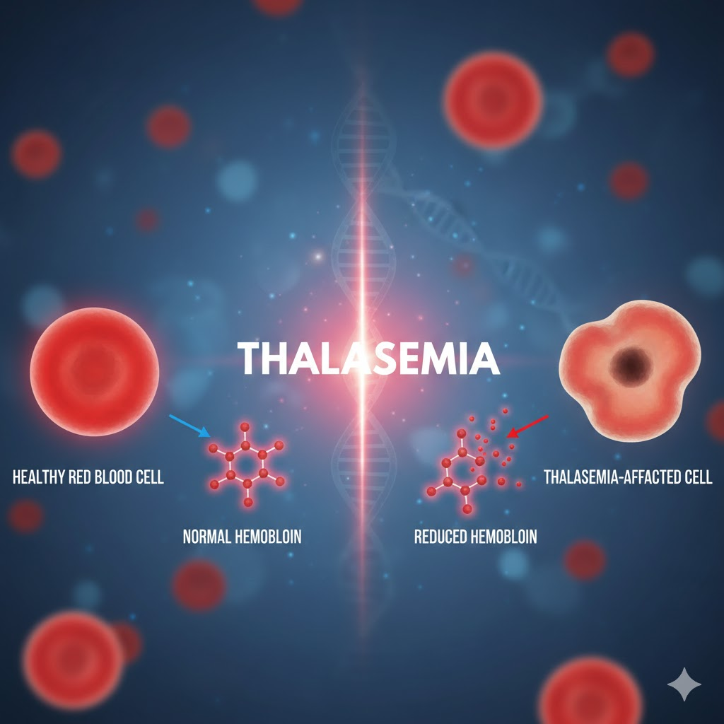 صورة توضيحية طبية تظهر خلية دم حمراء سليمة مقابل خلية دم متأثرة بالثلاسيميا مع رموز نقص الهيموجلوبين لجذب القارئ.