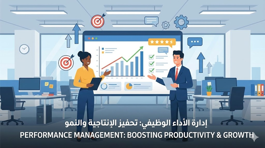 صورة لموظف ومدير في بيئة عمل حديثة مع رموز أهداف وتغذية راجعة تمثل مفهوم إدارة الأداء الوظيفي لزيادة الإنتاجية.