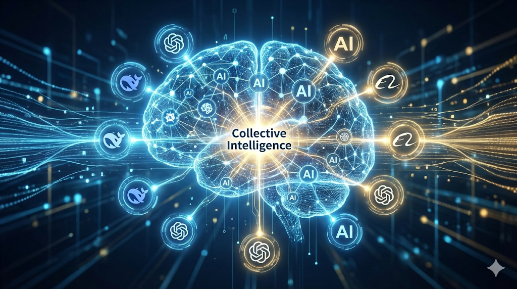 صورة رقمية فنية تمثل مفهوم حكمة الحشود في الذكاء الاصطناعي؛ تظهر مجموعة من الرموز المضيئة لنماذج ذكاء اصطناعي مترابطة على شكل شبكة عصبية بشرية، مع تأثيرات بصرية توحي بالتشاور والاندماج الرقمي، وخلفية تقنية داكنة تعبر عن تطور نماذج DeepSeek وعلي بابا في اتخاذ القرارات الجماعية.