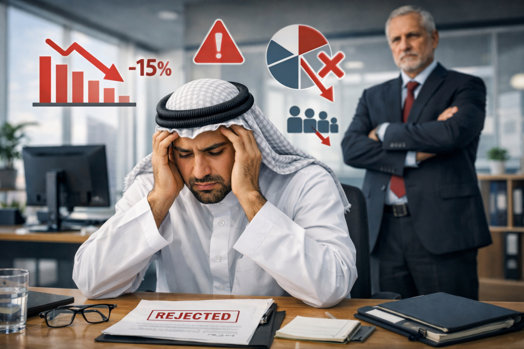 صورة توضيحية لموظف قلق بعد رفض زيادة الراتب مع مدير في الخلفية، تمثل تأثير رفض الرواتب على الموظف والإنتاجية.