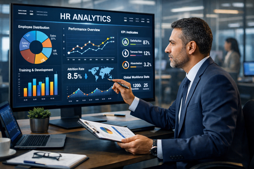 صورة توضح مدير موارد بشرية يحلل بيانات ورسوم بيانية لاتخاذ قرارات مبنية على الأدلة داخل بيئة عمل حديثة.