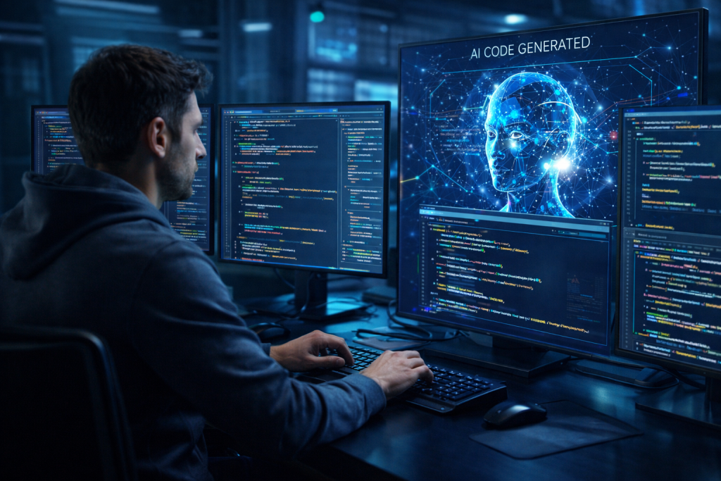 صورة توضح تطور علوم الحاسب في زمن الذكاء الاصطناعي مع مقارنة بين المبرمج التقليدي ونظام ذكاء اصطناعي يولد الأكواد.