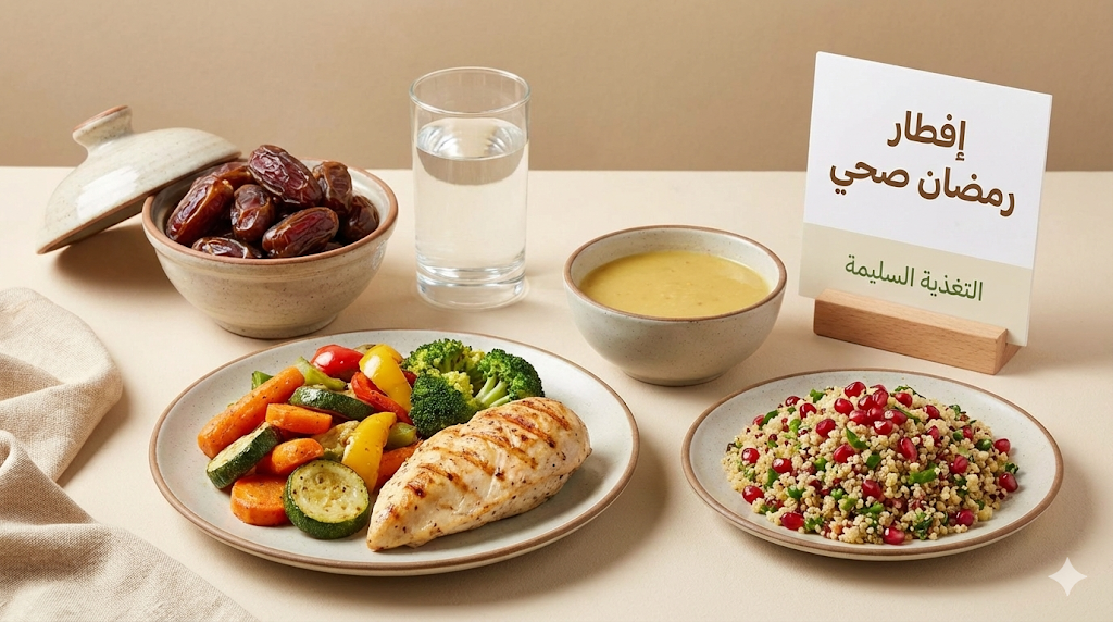 انشئ صورة عالية الجودة لطبق إفطار رمضان صحي ومتوازن يتضمن التمر والماء، شوربة خفيفة، بروتين (مثل دجاج أو بقوليات)، وخضروات ملونة، مع تصميم بسيط يبرز فكرة التغذية السليمة في رمضان —ar 16:9
