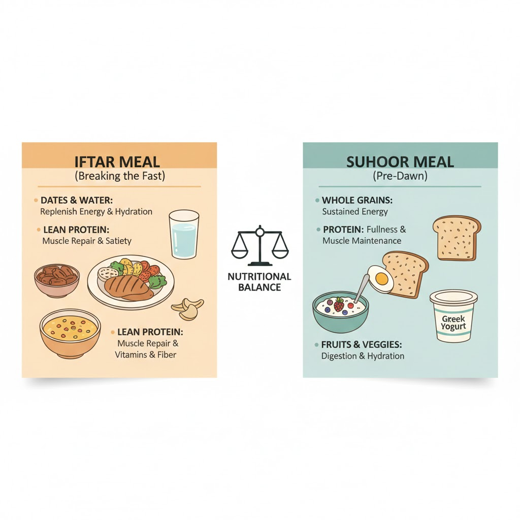 صورة توضح التوازن الغذائي في الصوم بين الإفطار والسحور مع عرض أطعمة صحية للحفاظ على الطاقة خلال رمضان.