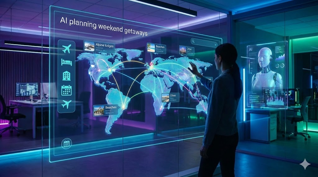 صورة توضح استخدام الذكاء الاصطناعي في تخطيط عطلات نهاية الأسبوع عبر خريطة رقمية تعرض وجهات سياحية مقترحة.