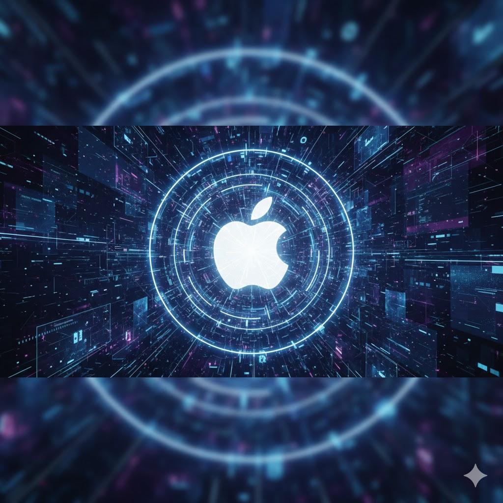 صورة تقنية توضح دخول آبل عالم الذكاء الاصطناعي عبر Apple Intelligence مع خلفية رقمية مستقبلية.