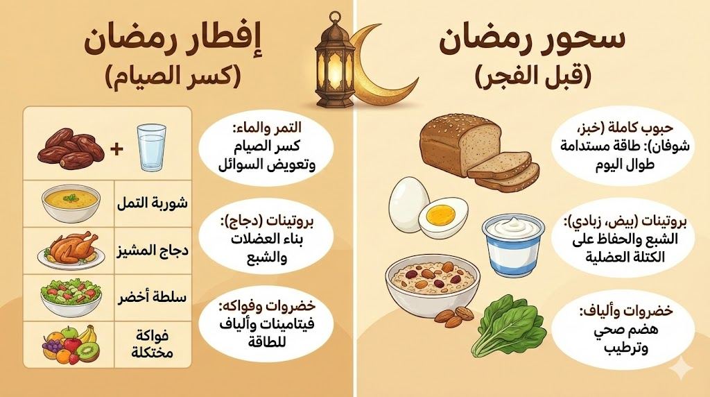 انشئ صورة تعليمية توضح وجبتي الإفطار والسحور خلال رمضان، مع أطباق صحية مثل التمر والماء، الحبوب الكاملة، البروتينات، الخضروات والفواكه مع نقاط نصية بسيطة توضح فوائد هذه العناصر للحفاظ على الطاقة والصحة أثناء الصيام —ar 16:9